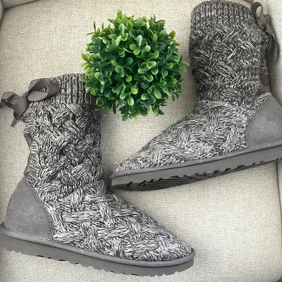 UGG Shoes Ugg Australia Isla Grey Knit Bow Boots Womens